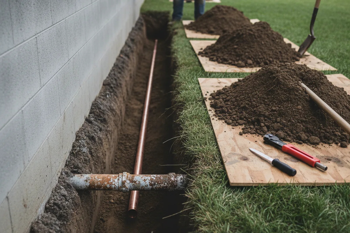 Excavated water line trench during Water Softener Installation in East Springfield